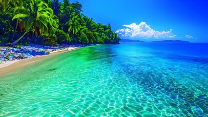 Fototapeta premium Beautiful beach marred by overwhelming plastic waste highlighting environmental concerns . Concept Beach Pollution, Plastic Waste, Environmental Concerns, Eco-Friendly Solutions