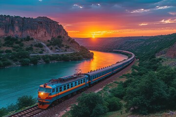 A passenger train traveling through a picturesque valley, the landscape awash in the warm hues of a setting sun