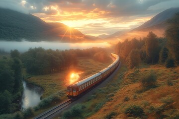 A passenger train traveling through a picturesque valley, the landscape awash in the warm hues of a setting sun - obrazy, fototapety, plakaty