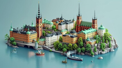 Obraz premium A beautiful isometric city. The city is made up of colorful buildings, trees, and water. The city is surrounded by a blue sea.