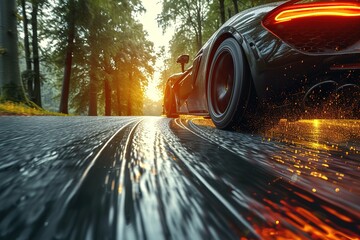 A professional car racer taking a tight corner on a challenging racetrack, tires gripping the asphalt - obrazy, fototapety, plakaty