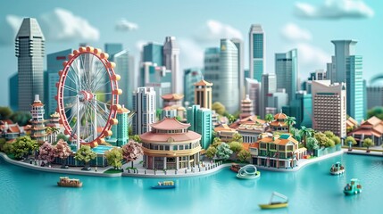 Fototapeta premium A beautiful sunny day in a miniature city with a large ferris wheel and a river running through the middle.