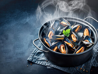 Top view of steamed mussels in a steel pot