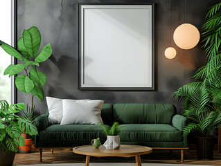 Modern cozy Livingroom in the evening with furniture, green plants, two chandelier, green sofa,black walls, chandelier with interior mockup with one white photo frame in the background