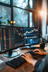 Stock trading investor, financial advisor or analyst working analysing crypto exchange market charts using computer investing money in finances market analyzing data on screen, hands closeup.