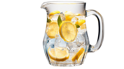 A pitcher overflowing with vibrant lemons and glistening ice cubes