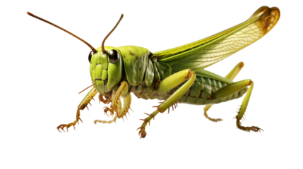 A vibrant green grasshopper perched on a white surface, displaying intricate details of its body