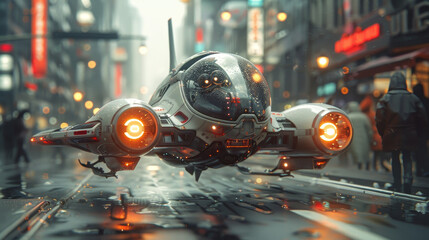 A futuristic space ship is flying over a city street. The sky is dark and the street is wet. The...