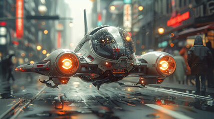 A futuristic space ship is flying over a city street. The sky is dark and the street is wet. The scene is set in a futuristic city with neon lights and tall buildings