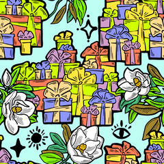 Gift box, ribbon and flowers seamless vector pattern for wrapping present with bow, party celebration, sale promotion, Textile print, fabric design, banner background. Hand drawn style illustration.
