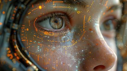 A girl's face is shown with a computerized eye and a glowing nose. The image has a futuristic and technological feel to it