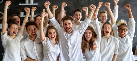 Colleagues celebrating success in modern office with copy space on blurred background