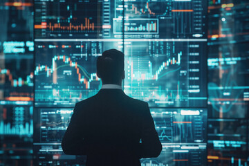 Business man investor thinking on financial exchange business investment management strategy looking at global market data world trade charts technology background concept. Rear back view.