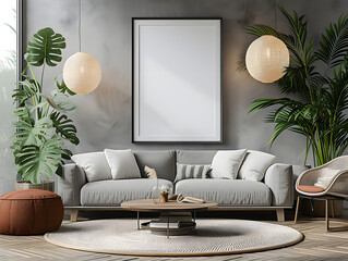 Scandinavian cozy Livingroom in the evening with furniture, green plants, two chandelier, greysofa,black walls, chandelier with interior mockup with one white photo frame in the background