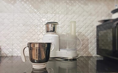 Electric Blender On Modern Kitchen Worktop. Mixer Grinder Machine. Modern kitchen machine