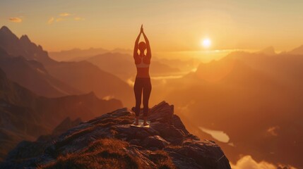 Woman practicing yoga at sunrise on a mountain peak with scenic views
