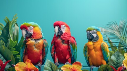 Vibrant parrots perched among tropical flowers on a serene backdrop - Powered by Adobe