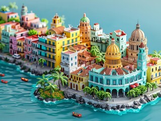 A beautiful city with colorful buildings and a blue sea. The city is surrounded by palm trees and there are boats in the water.