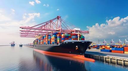 Naklejka premium Massive Container Ship Loaded with Colored Cargo Containers at Seaport Cranes