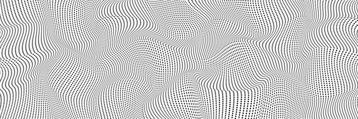 Black halftone wave pattern dot and black gradient curve shape. Abstract black particle background. Flowing waves with dot landscape. Digital data structure. Futuristic mesh or noise grid