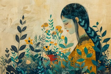 Illustration of a woman in a vibrant floral scene contemplating nature
