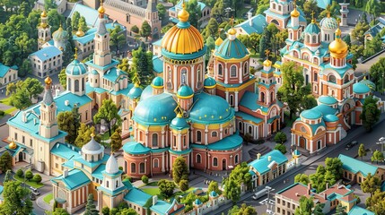 An establishing shot of a fictional city inspired by the architecture of Russia. The city is filled with golden-domed churches and cathedrals, and the streets are lined with trees.