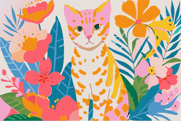 Colorful Illustration of Cat Surrounded by Tropical Flowers