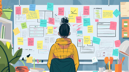 Illustration of a busy professional woman immersed in project planning and organization with colorful sticky notes all around