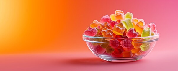 Colorful gummy candies in a glass bowl against a vibrant gradient background