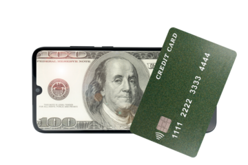 A green plastic credit card lies on a smartphone with an image of a 100 dollar bill on the screen (close-up on a transparent background)