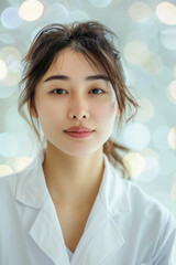 Fototapeta premium Young happy female doctor standing in medical hospital background. Woman physician therapist or obstetrician wearing uniform looking at camera in clinic. Healthcare medicine concept. Portrait.