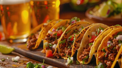 authentic mexican tacos with beer on wooden table shot with selective focus - Powered by Adobe