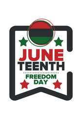 Juneteenth Independence Day. Freedom or Emancipation day. Annual american holiday, celebrated in June 19. African-American history and heritage. Poster, greeting card, banner and background. Vector