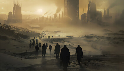 Personas caminando hacia una ciudad destruida. Apocalipsis en el desierto por el cambio climático.