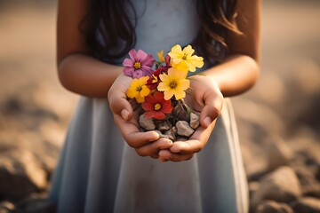 Colorful flowers in the hands of a child amidst the dryness of nature. flower in hands. Generative Ai