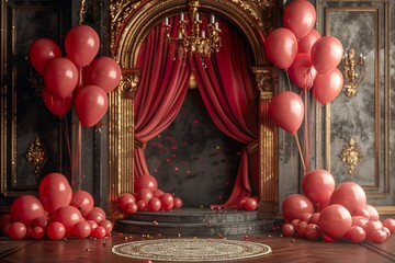 red with golden curtain birthday stage with balloons frames,