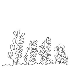 Continuous one line drawing of coral sea ocean elements. Vector illustration