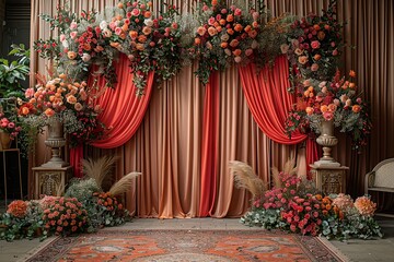 Fototapeta na wymiar red with golden curtain wedding stage with flowers frames