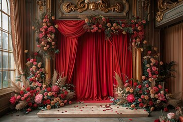 red with golden curtain wedding stage with flowers frames