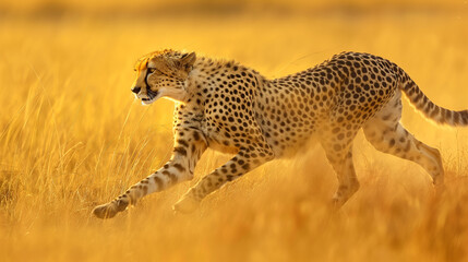 A cheetah in full sprint across a golden savannah, perfectly blending speed and grace in
