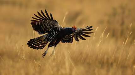 A striking bird in flight, showcasing its detailed plumage against a golden savannah backdrop.
