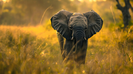 An African elephant stands majestically in a golden savannah under a warm, glowing light, creating an ethereal scene.
