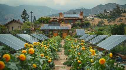 Sunflower Field With House in Background
