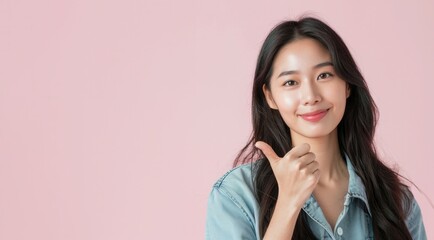 Studio shot of cheerful beautiful Asian woman in denim shirt and showing thumbs up or like on pink background.
