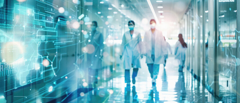 Medical hospital with busy professional staff personnel blurred rush background. Medical clinic lobby with doctors walking in hallway. Healthcare and medicine concept. Double exposure.