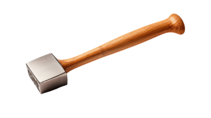 A hammer with a wooden handle rests against a white background