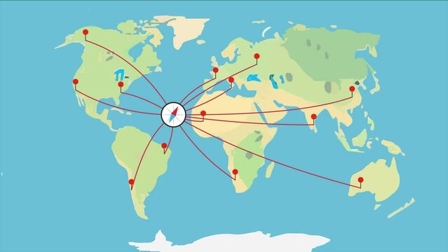 Travelling animation with compass, world map and location pins. Holiday, adventure, tourism, transport concept. Modern flat design, blue background.