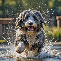 A happy Bearded Collie dog creates a splashin in a water puddle - 800334745