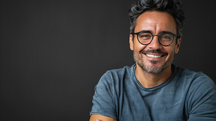 A Handsome hispanic man wearing casual t shirt and glasses happy face smiling with crossed arms looking at the camera, positive person - Powered by Adobe
