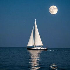 A sailboat is cruising on calm sea waters under a large full moon, which casts a gentle reflection on the surface